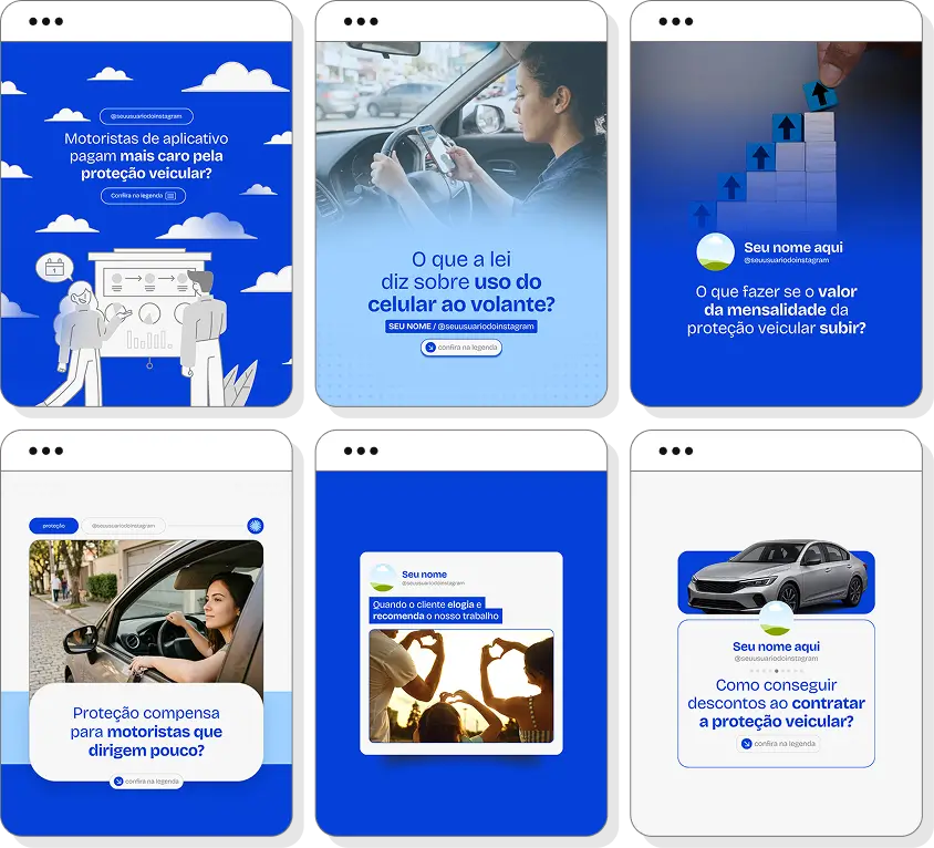Pack Canva proteção veicular com posts editáveis para Instagram de assistência e proteção para veículos