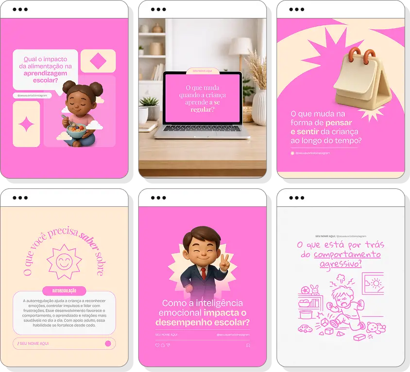 Pack Canva psicologia infantil com posts editáveis para Instagram de comportamento e saúde emocional infantil