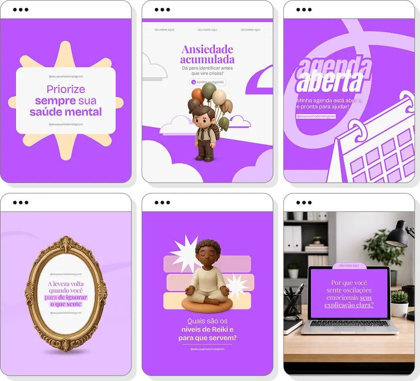 Pack Canva terapia holística com posts editáveis para Instagram de energia, autoconhecimento e harmonia