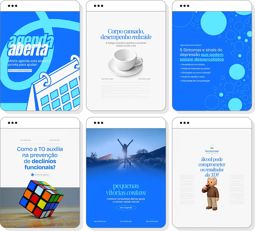 Posts para terapia ocupacional com ideias de conteúdo para Instagram sobre independência e cotidiano