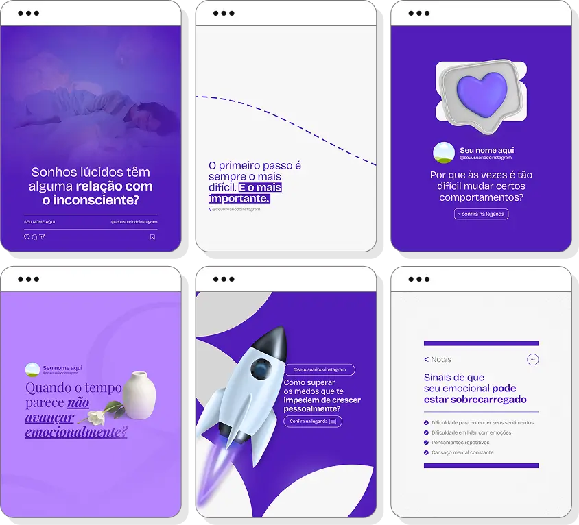Pack Canva psicanálise com posts editáveis para Instagram de reflexão, emoções e desenvolvimento pessoal