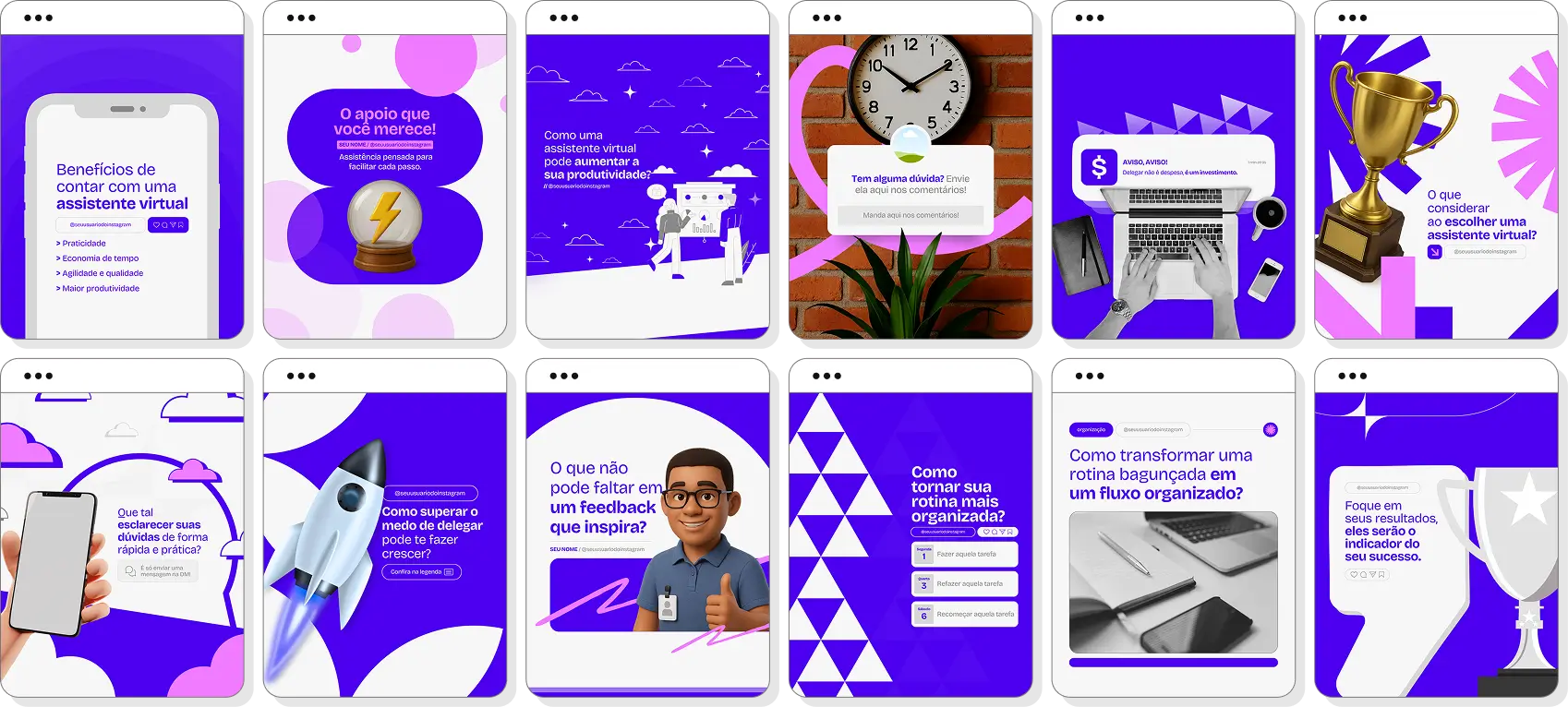 Pack de assistente virtual com conteúdos editáveis para Instagram de gestão e atendimento remoto