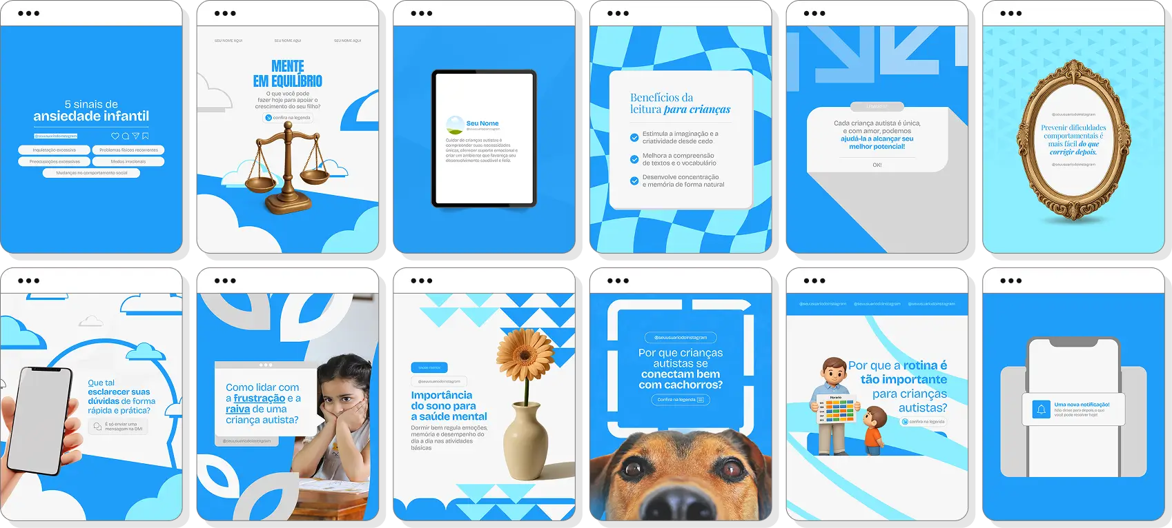 Pack Canva autismo com posts para Instagram de desenvolvimento infantil e apoio familiar