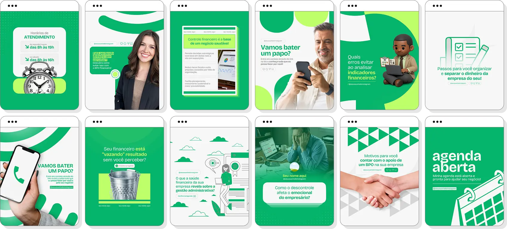 Pack Canva BPO financeiro com conteúdos editáveis para social media de gestão financeira empresarial