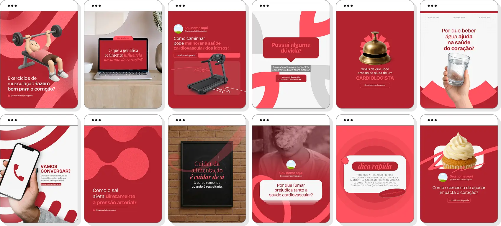 Pack de posts editáveis cardiologista com Instagram de cardiologia e saúde cardiovascular