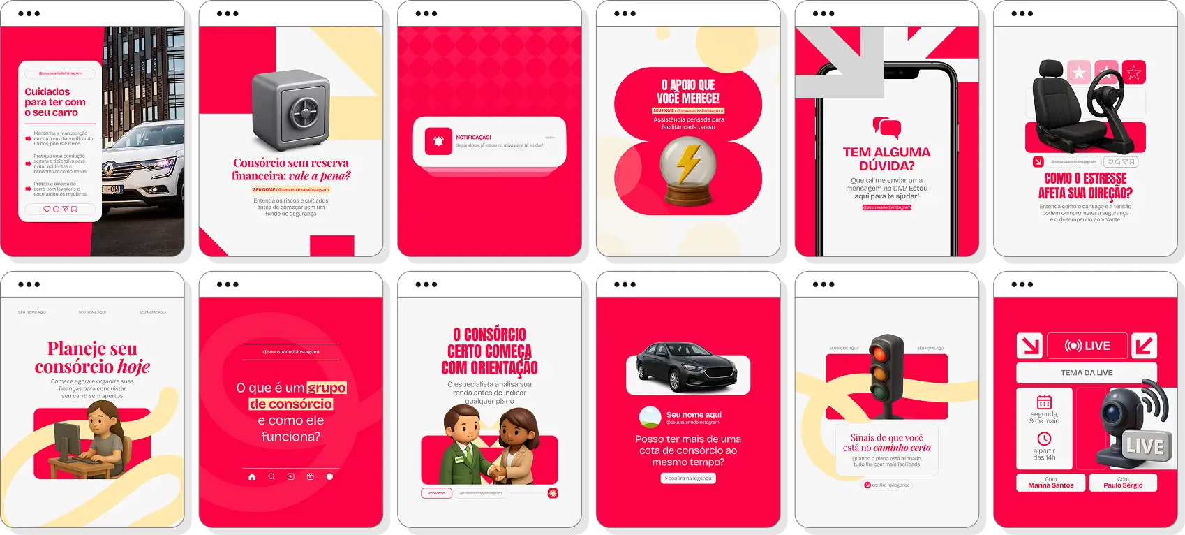 Pack de posts editáveis para Instagram consórcio de carros com foco em veículos e planejamento financeiro