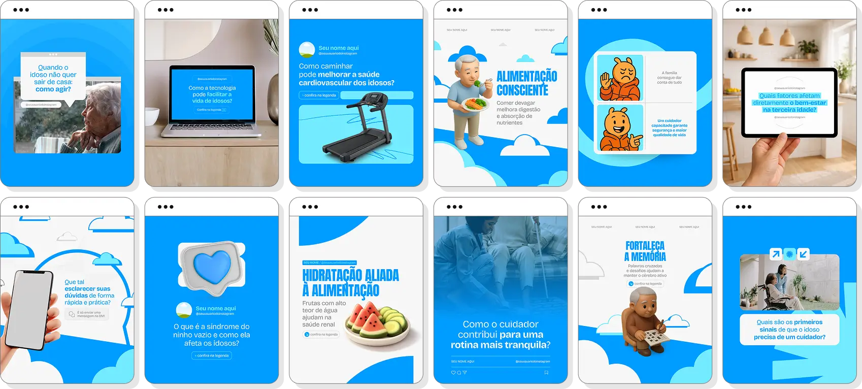 Pack de cuidador de idosos com conteúdos editáveis para Instagram de bem-estar e atenção ao idoso