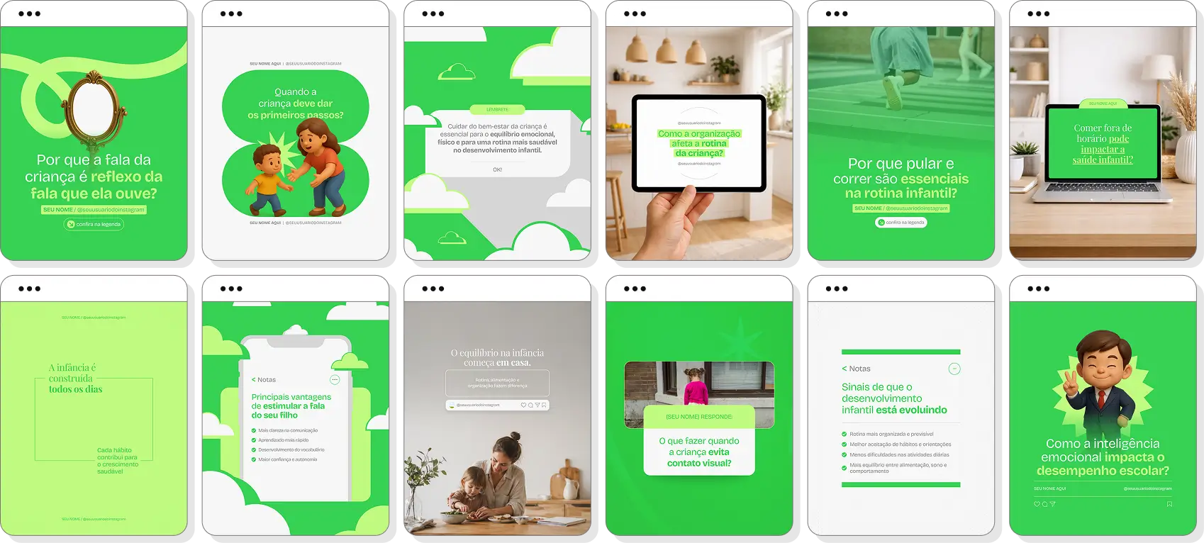 Pack de desenvolvimento infantil com conteúdos editáveis para Instagram de infância e desenvolvimento