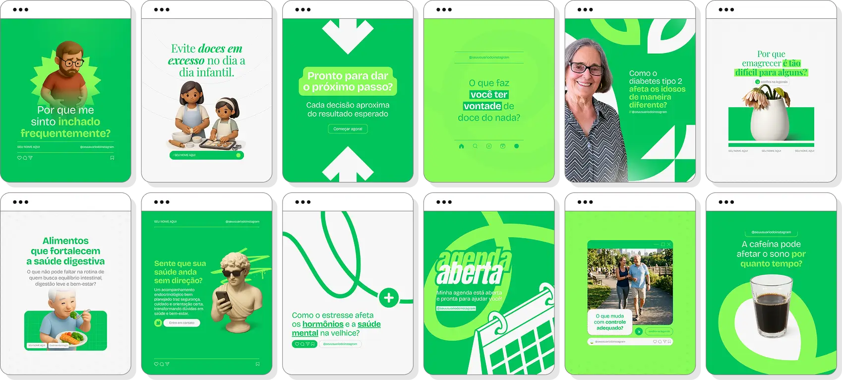 Pack Canva endocrinologia com posts para Instagram de saúde hormonal e hábitos saudáveis