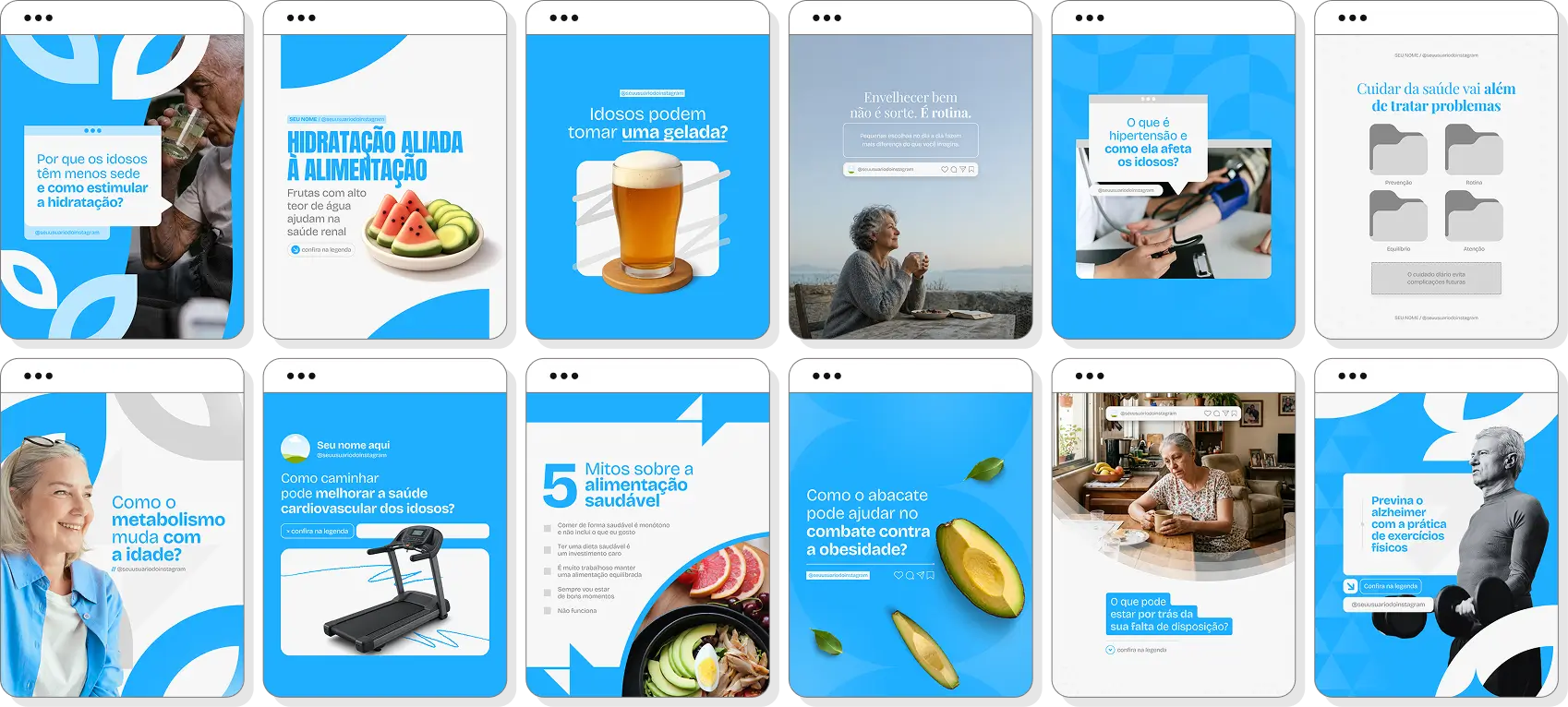 Pack Canva geriatria com artes para Instagram de saúde do idoso e cuidados preventivos