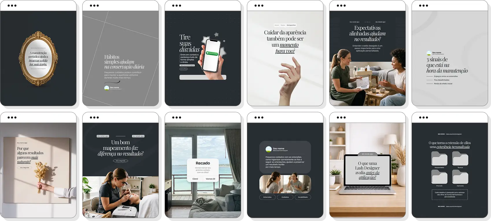 Pack Canva lash designer com conteúdos para Instagram de extensão de cílios e design do olhar
