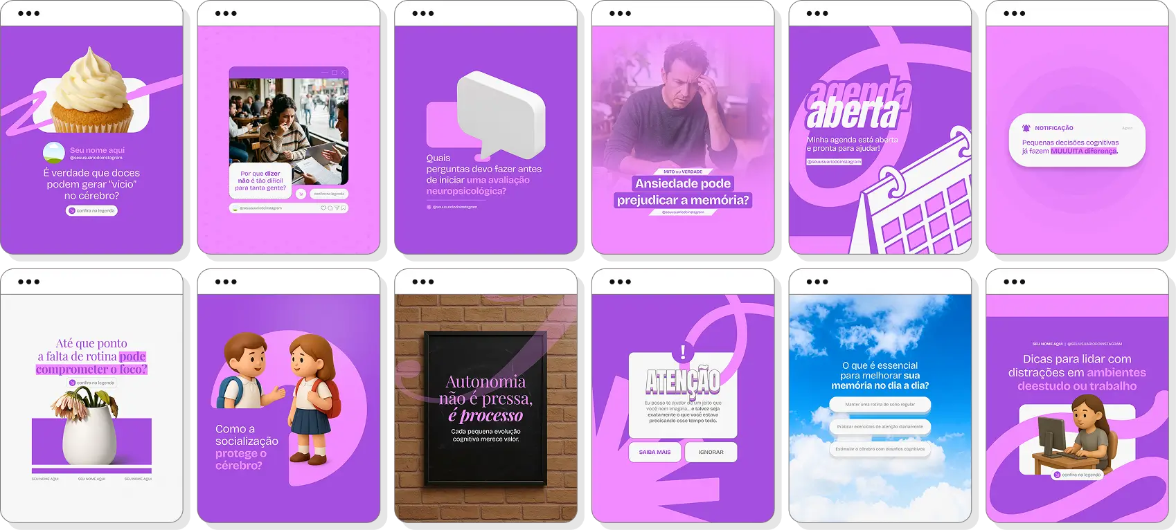 Social media para neuropsicologia com pack de posts editáveis no Canva para Instagram profissional