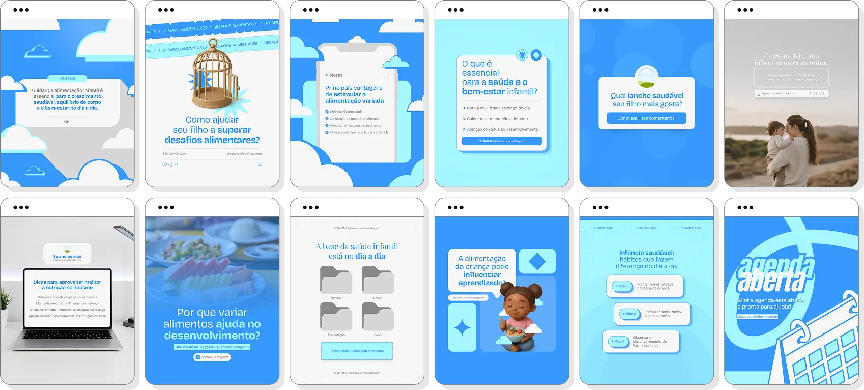 Pack Canva nutrição infantil com posts para Instagram de seletividade alimentar e nutrição infantil