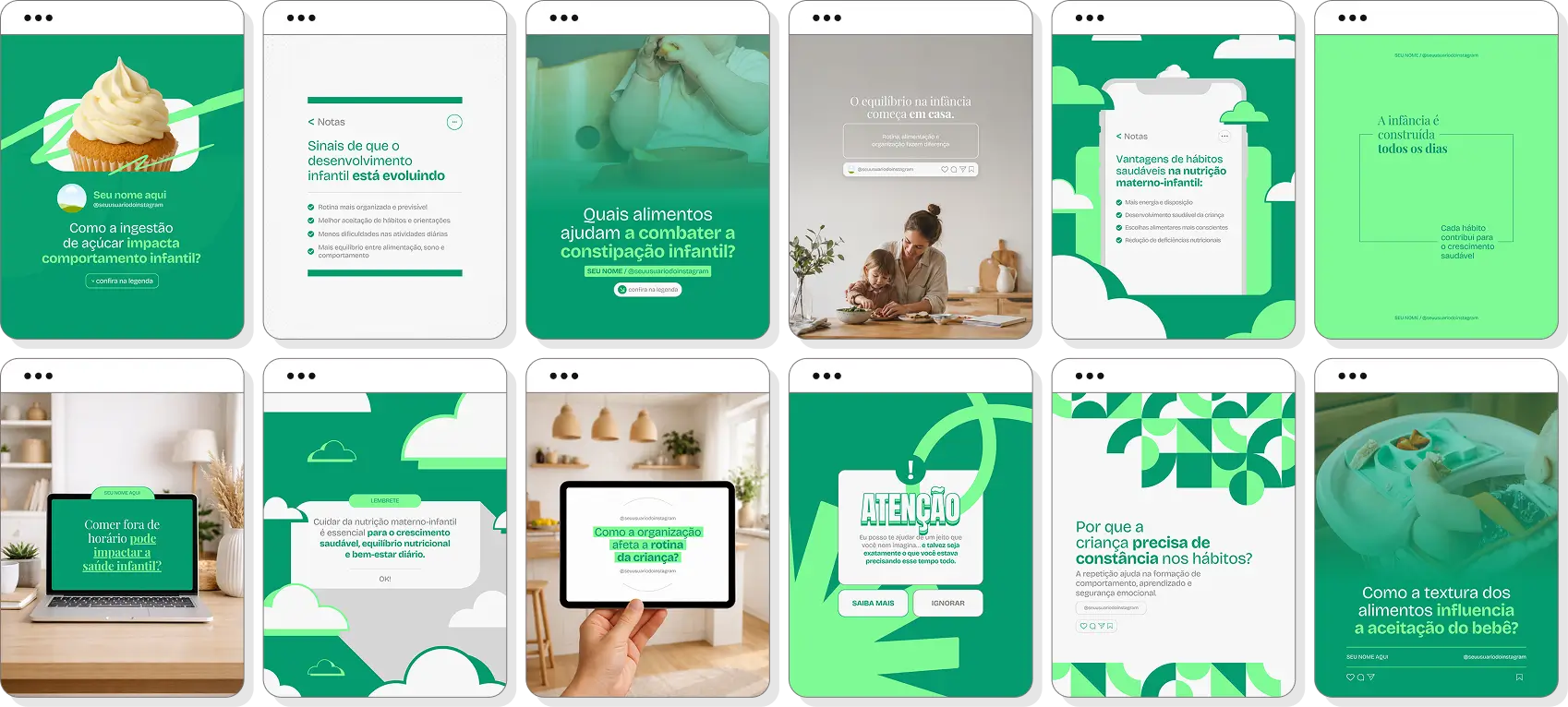 Social media para nutrição materno-infantil com pack de posts para Instagram de maternidade e infância