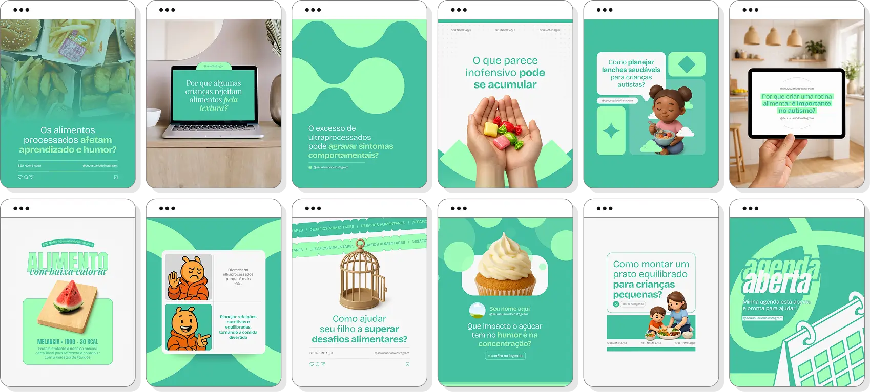 Pack de posts editáveis nutrição para autismo com Instagram de hábitos alimentares no autismo