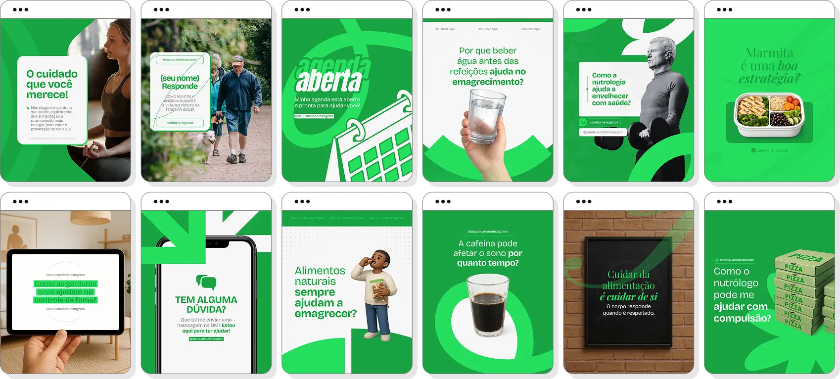 Pack de posts editáveis nutrologia com Instagram de alimentação saudável e qualidade de vida