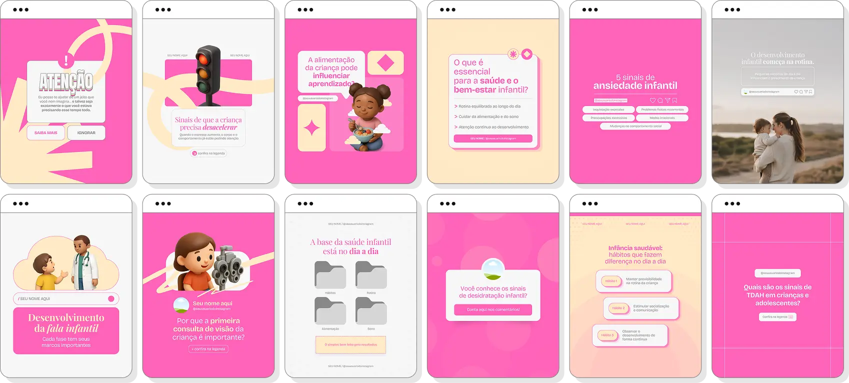 Pack Canva pediatria com posts para Instagram de desenvolvimento infantil e cuidados preventivos