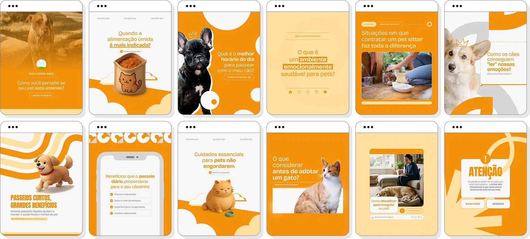 Pack de pet sitter com conteúdos editáveis para Instagram de cães, gatos e rotina pet