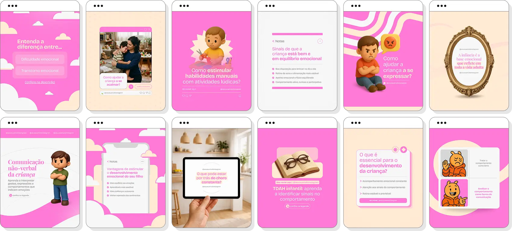 Pack de psicologia infantil com conteúdos editáveis para Instagram de comportamento e emoções