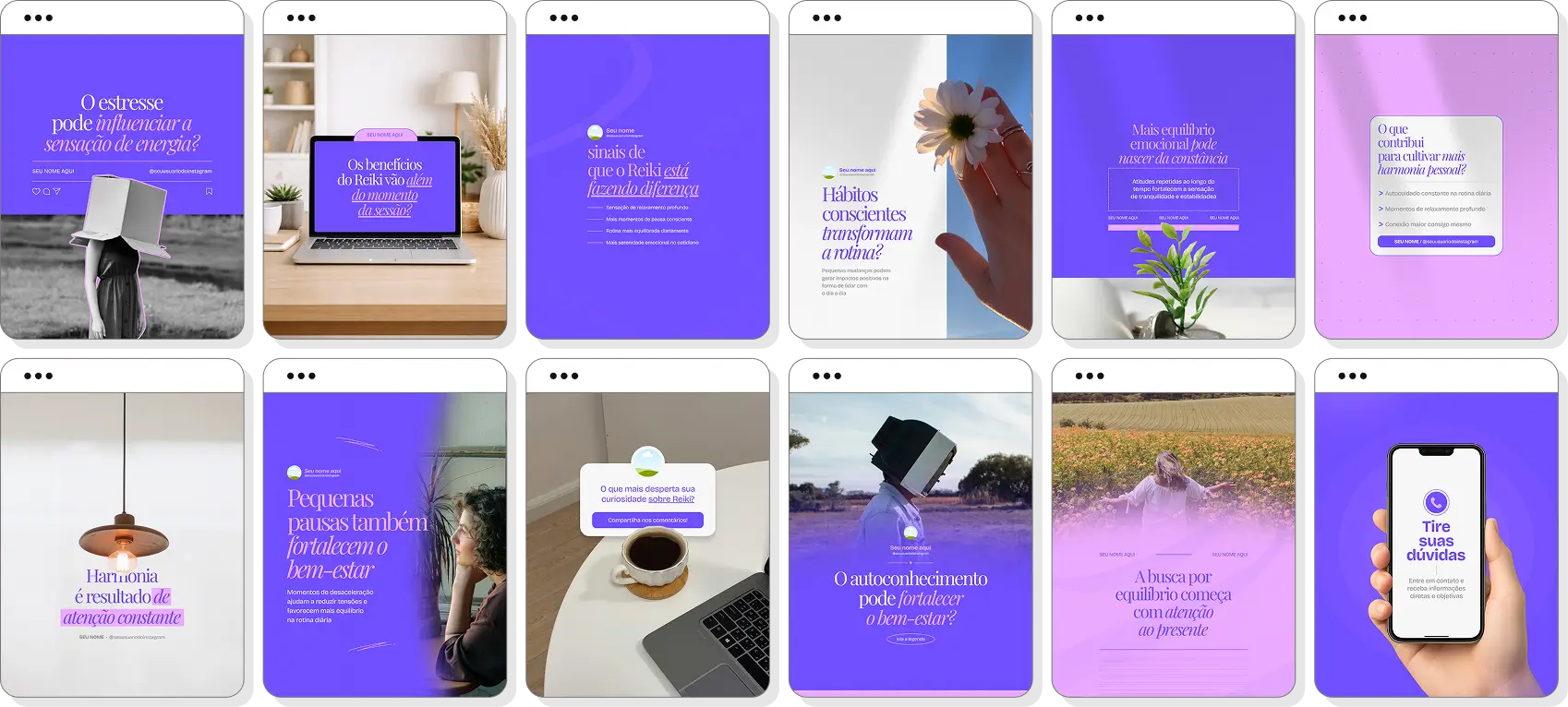 Pack de posts para Reiki com templates no Canva para Instagram sobre energia, equilíbrio e bem-estar