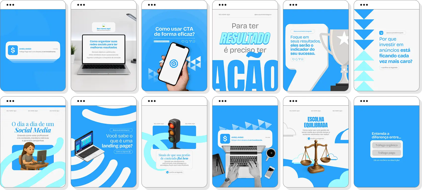Pack de social media com conteúdos editáveis para Instagram de posicionamento e engajamento