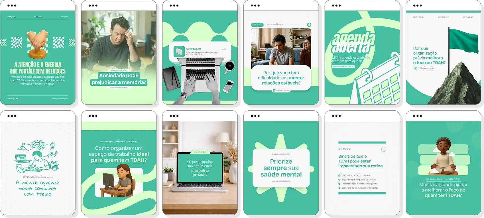 Pack de posts editáveis TDAH adulto com Instagram de atenção, rotina e produtividade