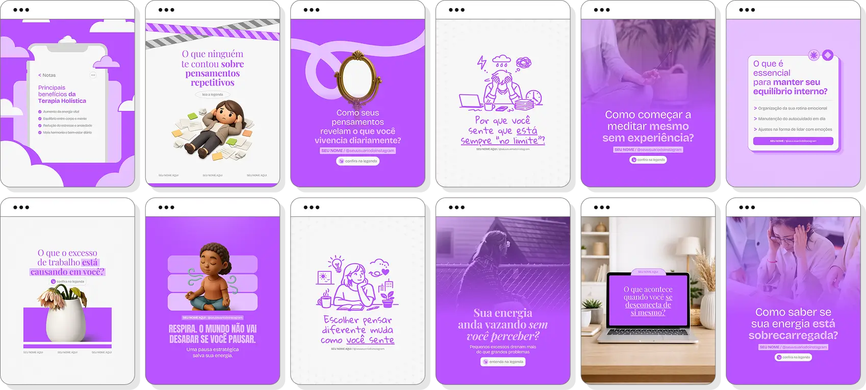 Pack Canva terapia holística com posts para Instagram de saúde integrativa e bem-estar diário