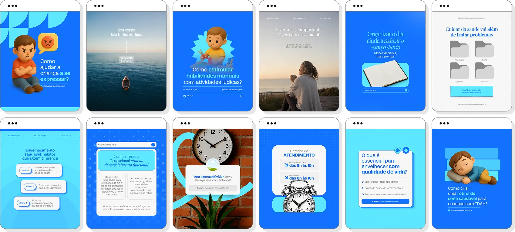 Pack Canva terapia ocupacional com posts para Instagram de atividades da vida diária e autonomia