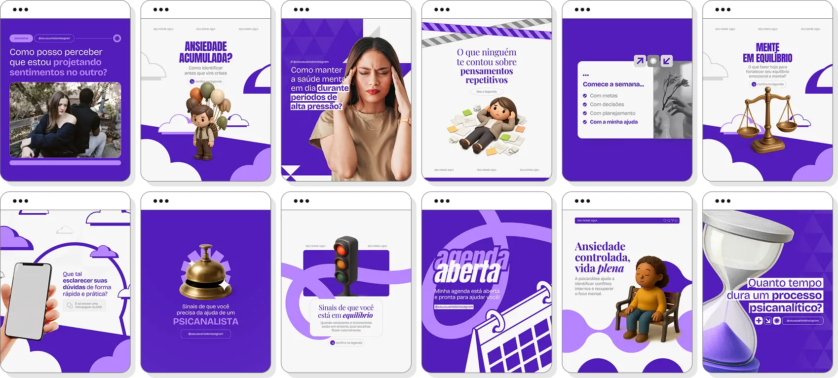 Social media para psicanálise com pack de posts editáveis no Canva para Instagram profissional