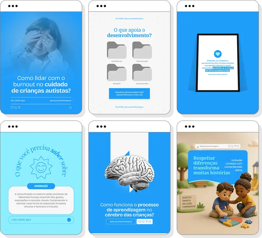 Pack de posts para autismo com templates no Canva para Instagram sobre desenvolvimento infantil e inclusão