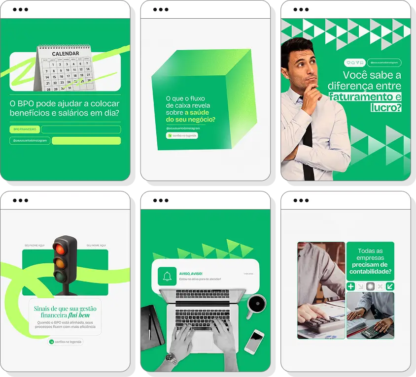 Posts para perfil de BPO financeiro no Instagram com templates Canva sobre controle financeiro empresarial
