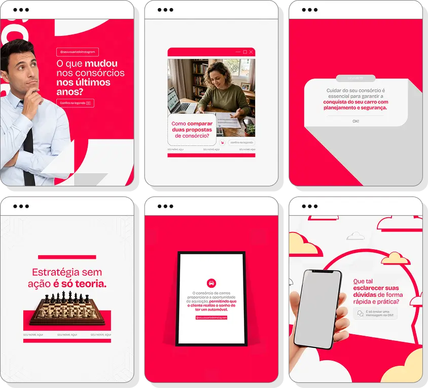 Posts para perfil de consórcio de carros no Instagram com templates Canva sobre veículos e planejamento