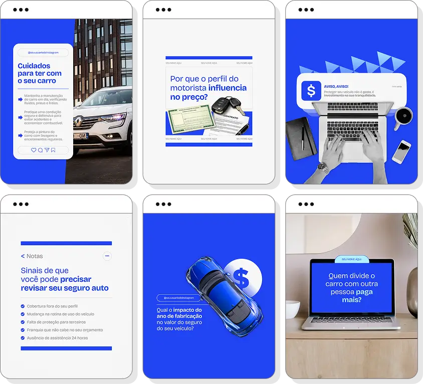 Pack de posts para corretor de seguro auto com templates no Canva para Instagram sobre proteção veicular e seguros