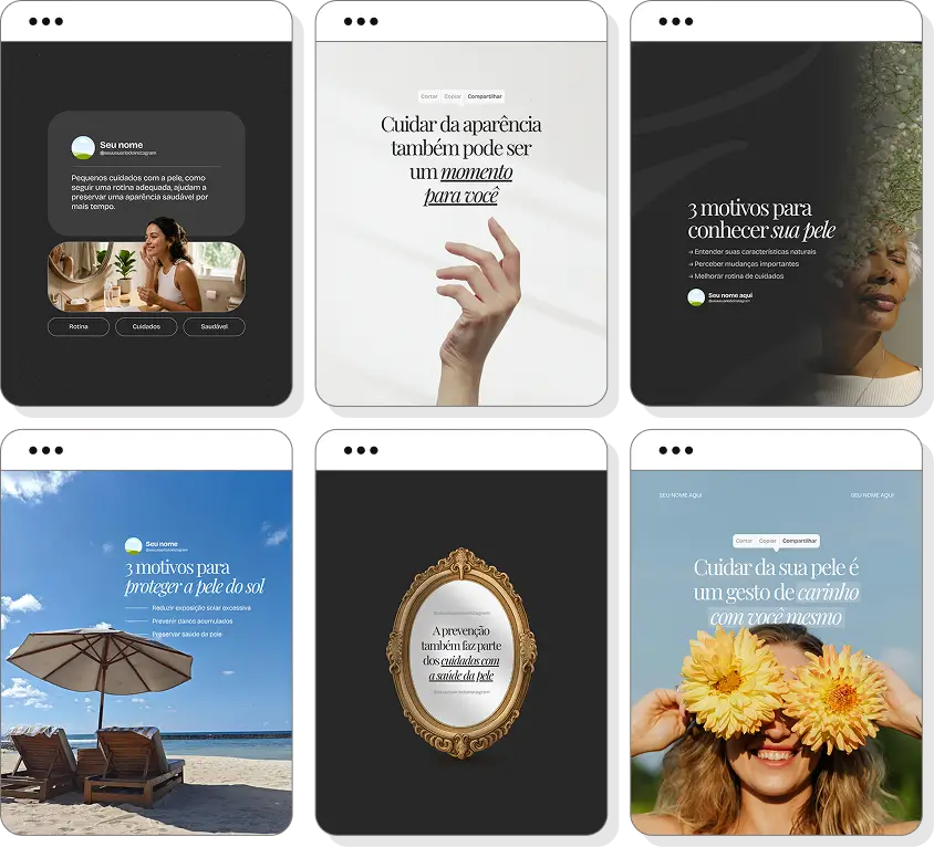 Posts para dermatologista com ideias de conteúdo para Instagram sobre pele saudável e tratamentos dermatológicos