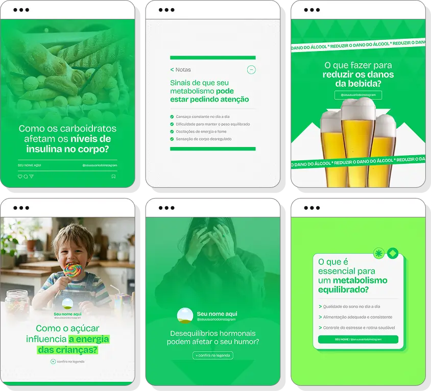 Pack de posts para endocrinologia com templates no Canva para Instagram sobre hormônios, saúde e qualidade de vida
