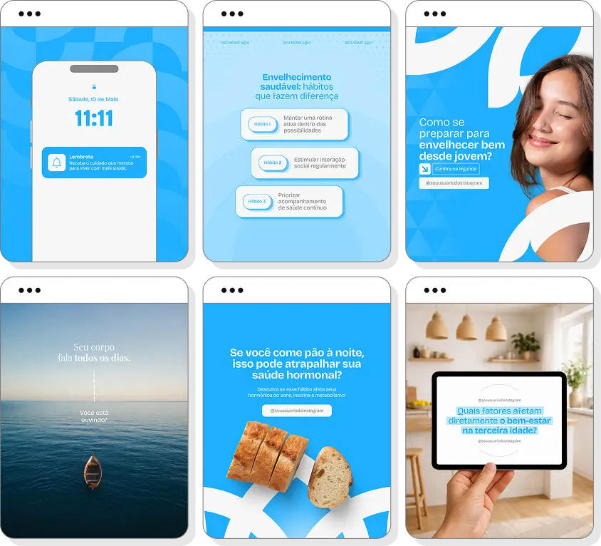 Social media geriatria com pack de posts para Instagram de envelhecimento saudável e bem-estar