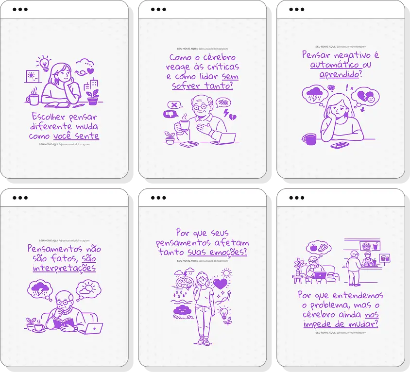 Pack de posts para neuropsicologia com templates no Canva para Instagram sobre cognição, comportamento e avaliação