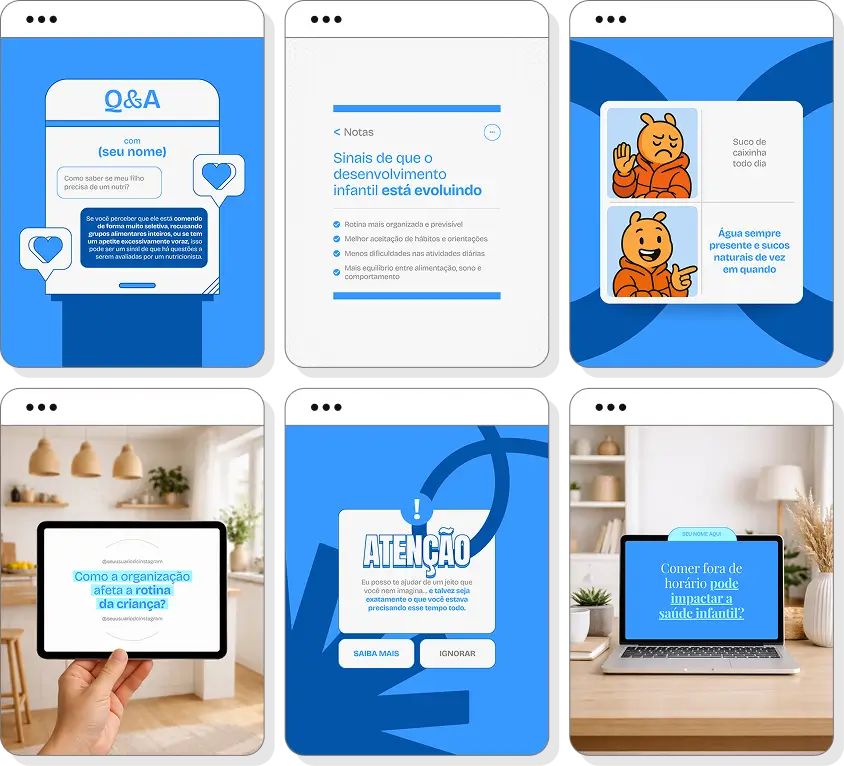 Pack de posts para nutrição infantil com templates no Canva para Instagram sobre alimentação saudável e infância