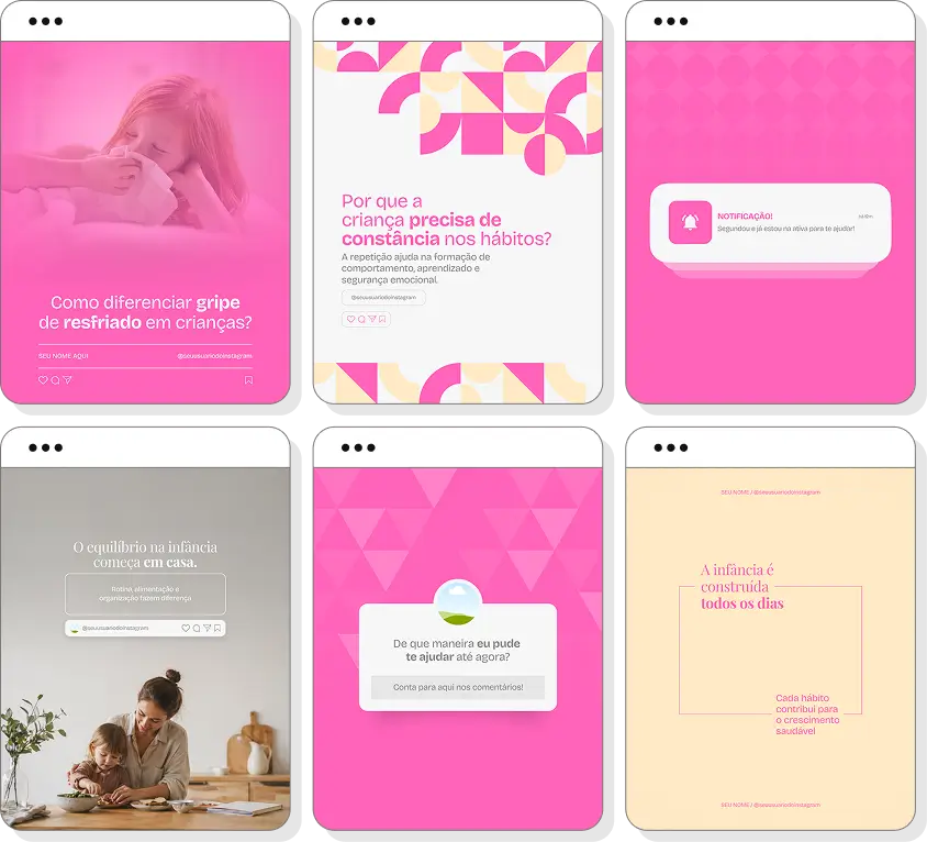 Pack de posts para pediatria com templates no Canva para Instagram sobre saúde infantil e desenvolvimento das crianças