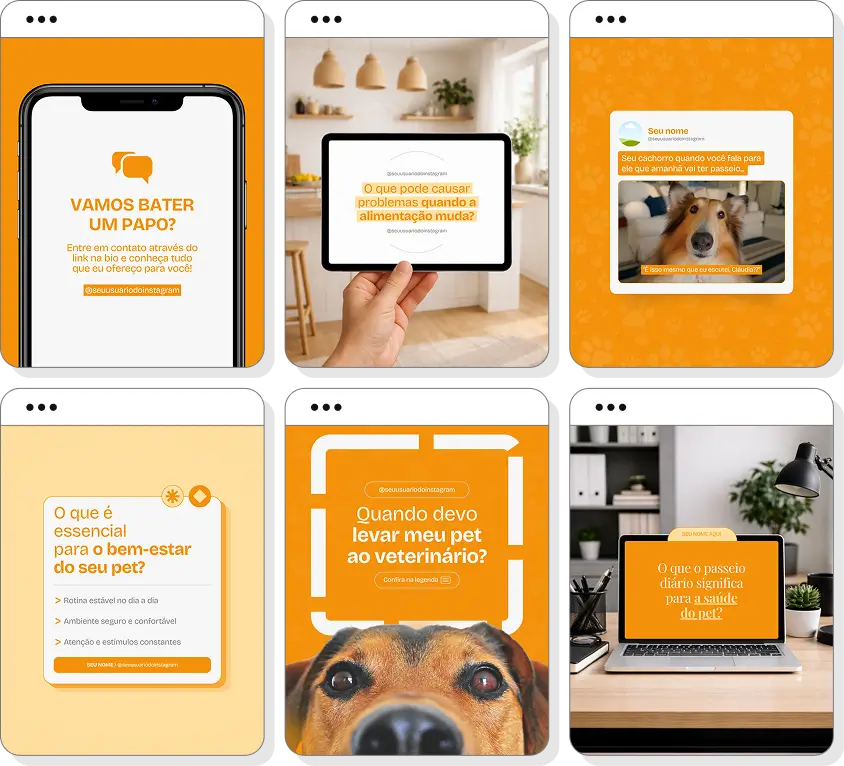 Pack de posts para pet sitter com templates no Canva para Instagram sobre cuidados com pets e bem-estar animal