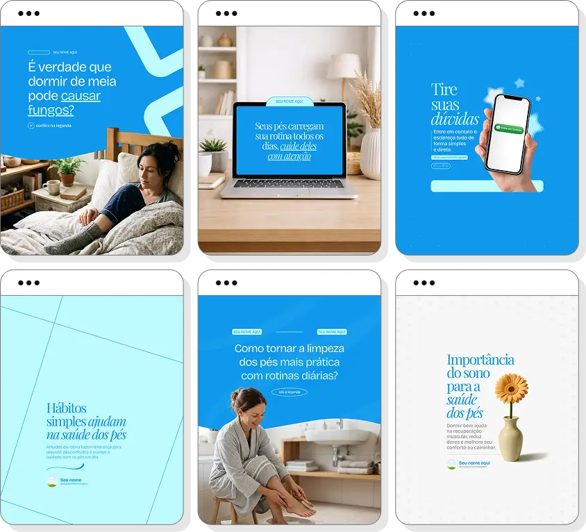 Pack de posts para podologia com templates no Canva para Instagram sobre saúde dos pés e cuidados podológicos