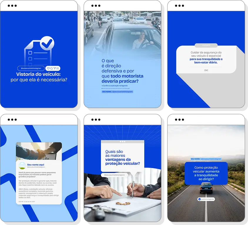 Pack de posts para proteção veicular com templates no Canva para Instagram sobre segurança e benefícios automotivos
