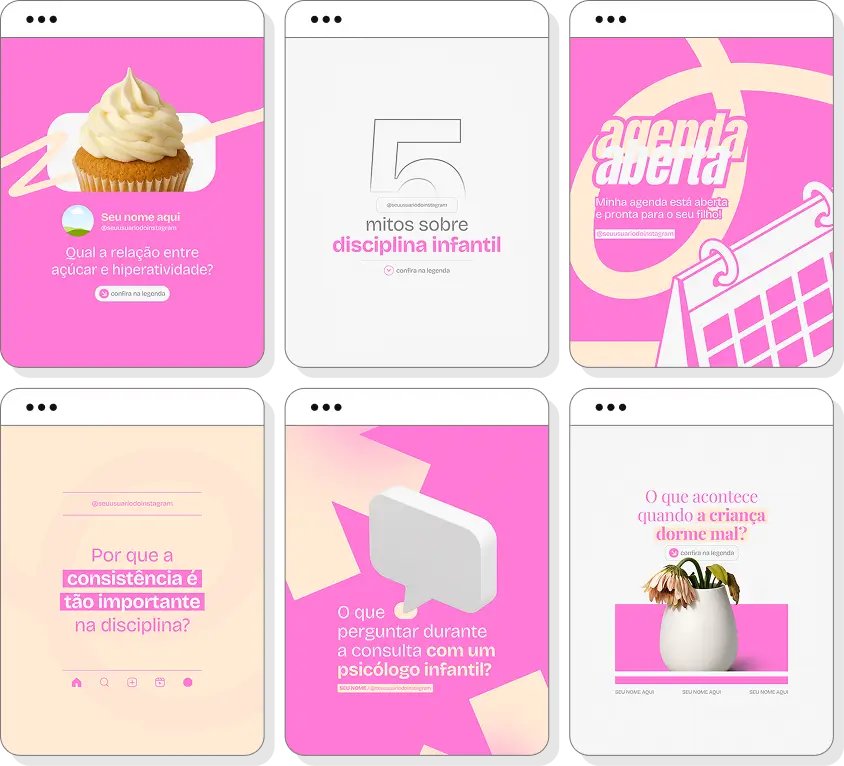 Pack de posts para psicologia infantil com templates no Canva para Instagram sobre desenvolvimento infantil e emoções