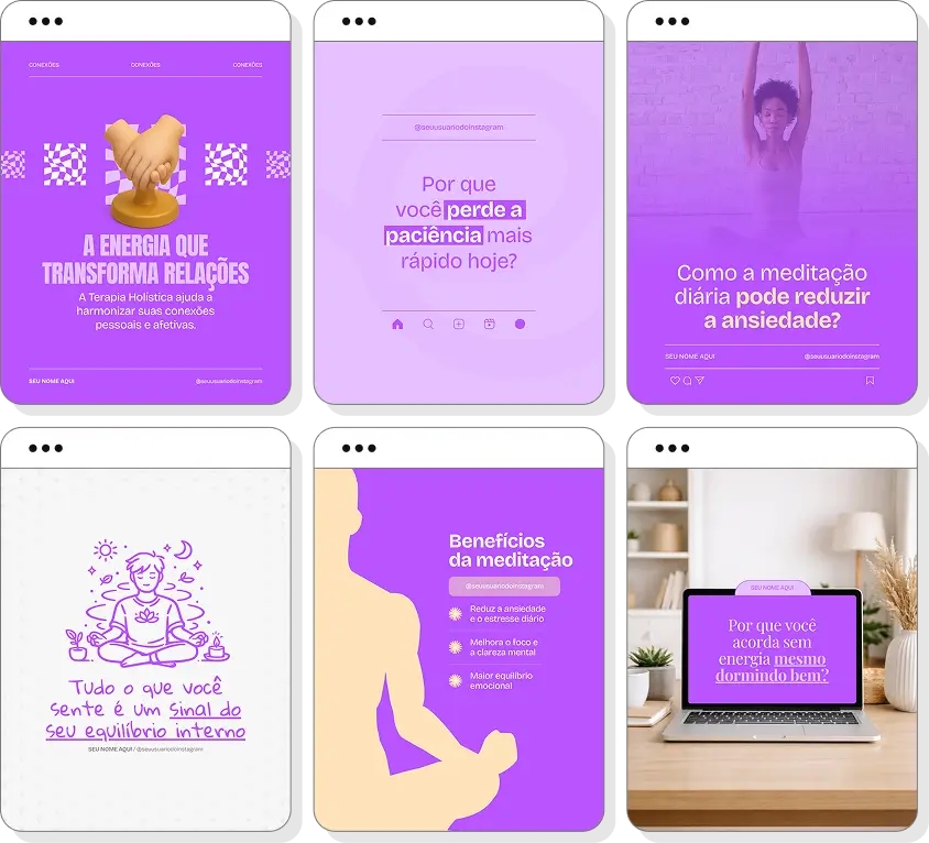 Pack de posts para terapia holística com templates no Canva para Instagram sobre equilíbrio, bem-estar e autocuidado
