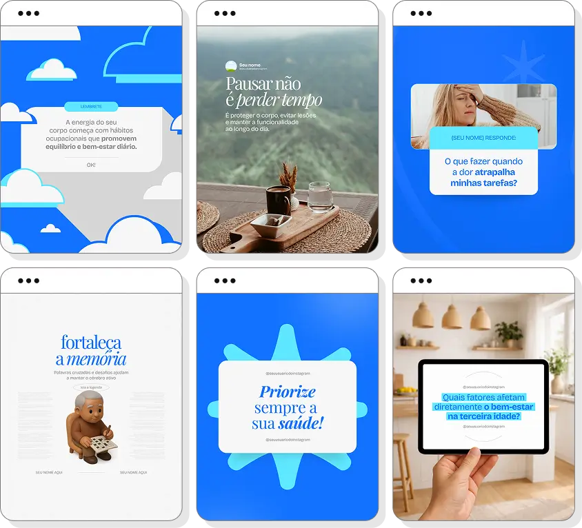 Pack de posts para terapia ocupacional com templates no Canva para Instagram sobre autonomia e qualidade de vida