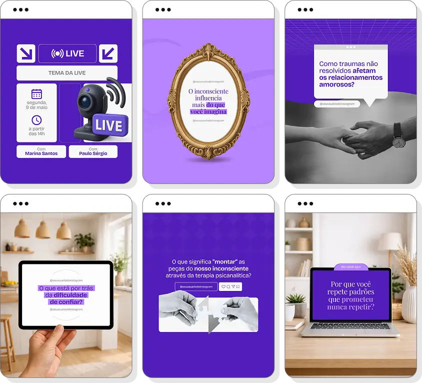 Pack de posts para psicanálise com templates no Canva para Instagram sobre autoconhecimento e emoções