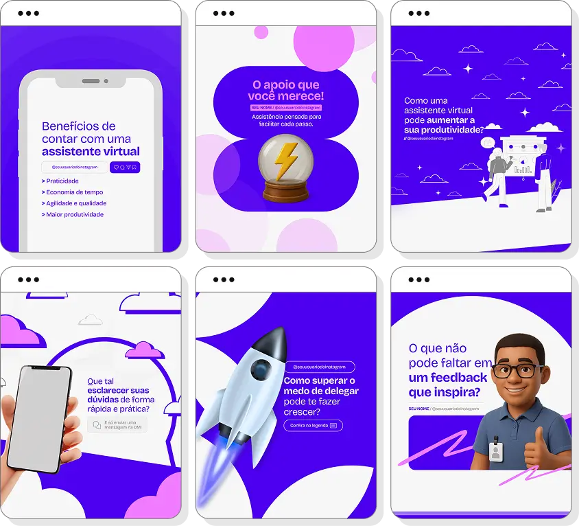 Posts para assistente virtual com ideias de conteúdo para Instagram sobre produtividade e gestão de tarefas