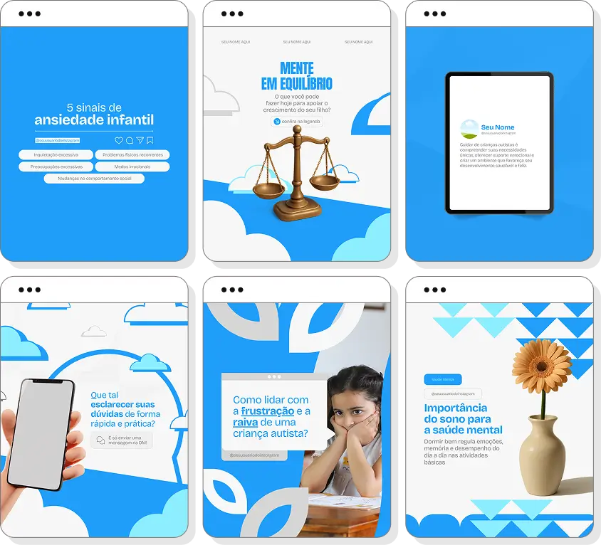 Pack Canva autismo com ideias de posts para perfil de Instagram sobre desenvolvimento infantil