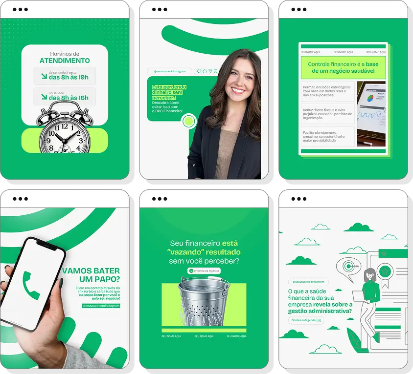 Pack de posts editáveis BPO financeiro com Instagram de fluxo de caixa e organização financeira
