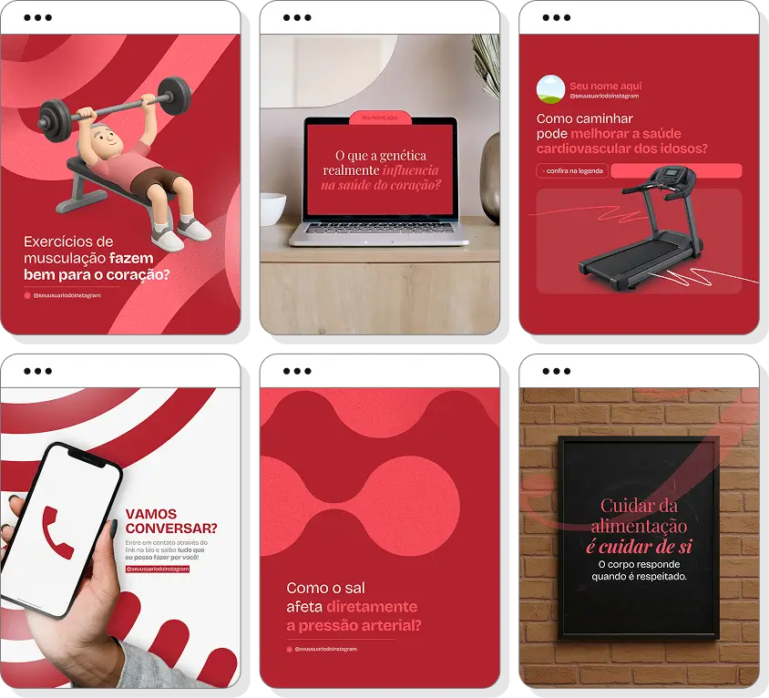 Pack Canva cardiologista com posts editáveis para Instagram de cardiologia e cuidados com o coração